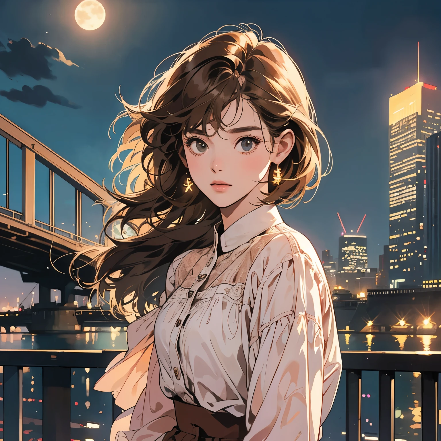 whole body、Kind Face、1 pretty woman、blouse、Pedestrian bridge、skyscraper、night、moonlight、Complex background、Detailed Hair、Light brown hair、Faint lighting、Short hair、The wind is blowing