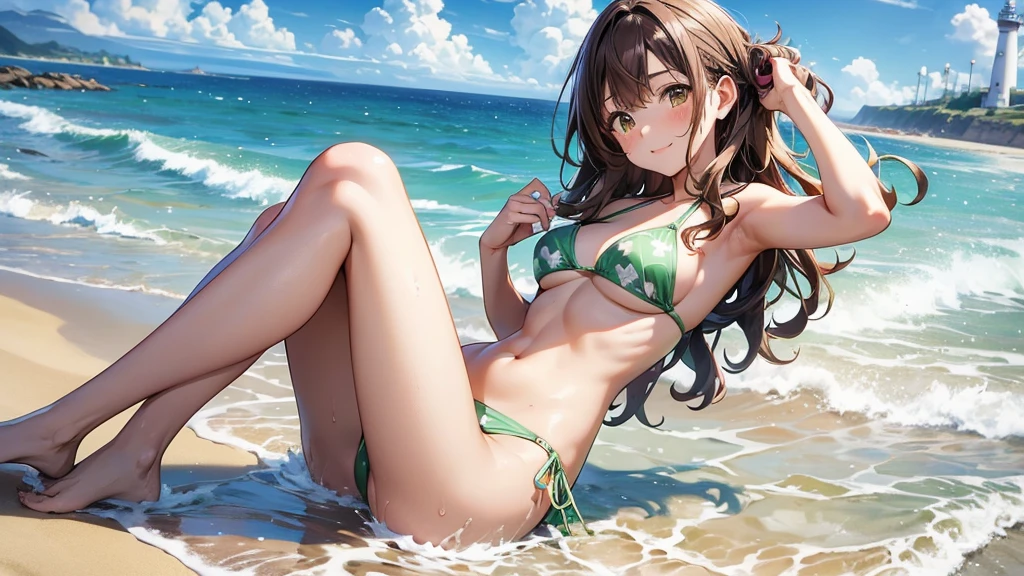 Maki: ore no imouto ga konna ni kawaii wake ga nai, 25-yers-old girl with wavy brown hair wearing 2 piece green spial pattern bikini, lighthouse background, walking on the beach, full body