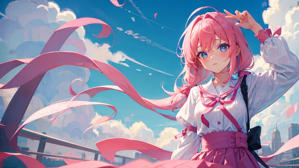 girl with pink hair, hair tied, love eyes, extrovert girl,  ribbon her head, school royal dress, cute sky, 8k resolution, detail