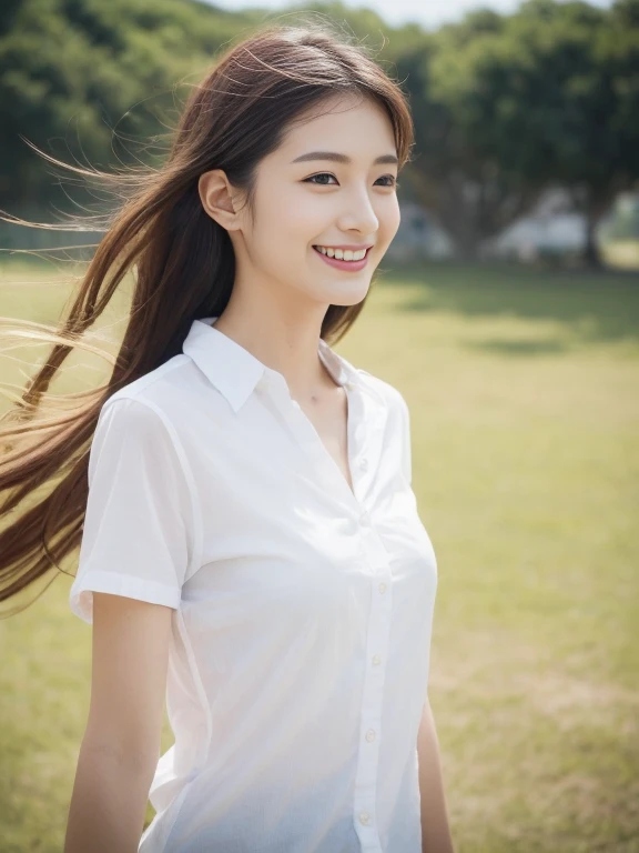 （​masterpiece、high-level image quality、sharp focus）、Wearing a white shirt with short sleeves、one shirt button is missing, A Japanese Lady、25 age、(perfect anatomia、Precise and beautiful limbs), simple girl with little smile, wind blows hair