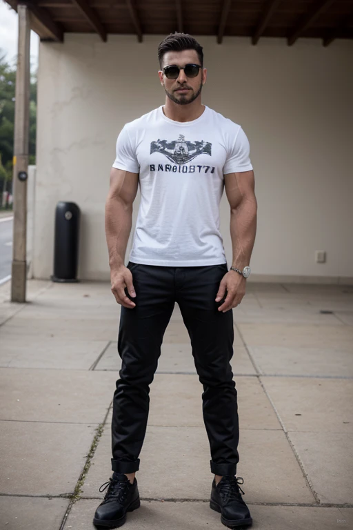 ((mejor calidad)), ((obra maestra)), (detallado), Perfect face Muscular man standing bodybuilder physique in t-shirt, Military trousers, zapatos Monolith Square negros, rostro de Daniel Noboa, gafas, pelo blanco, sobrero negro estilo siglo 17