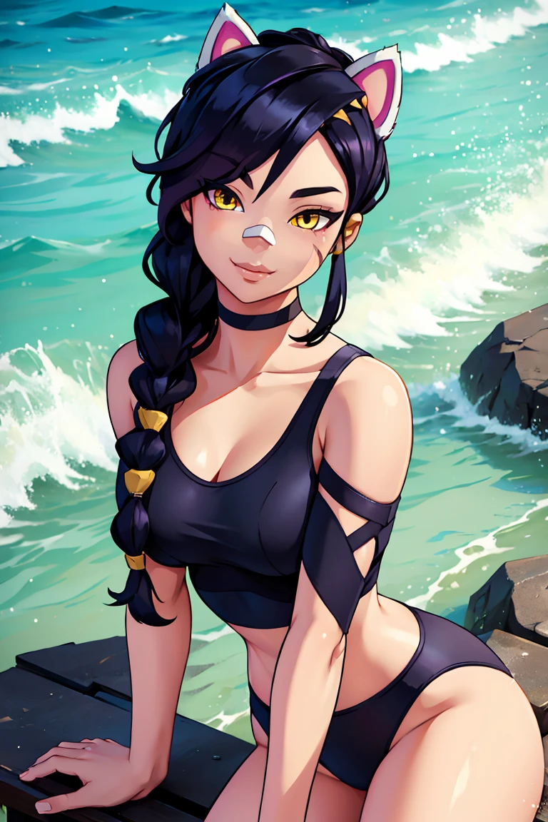 Erisa, 1girl, solo, long hair, looking at viewer, black hair, bandaid on face, yellow eyes, animal ears, smile, bandaid on nose, braid, cat ears, bandaid, bangs, , fake animal ears, simple background, fang, bare shoulders, scar, bare shoulders, closed mouth, hair over one eye, portrait, hair over shoulder, legs, seductive, bathing suit, 2 piece swimsuit, beach, realistic, highly detailed face, detailed eyes, best quality, masterpiece, ultra detail, ultra high res, extreme detail, 8k, uhd, voluptuous