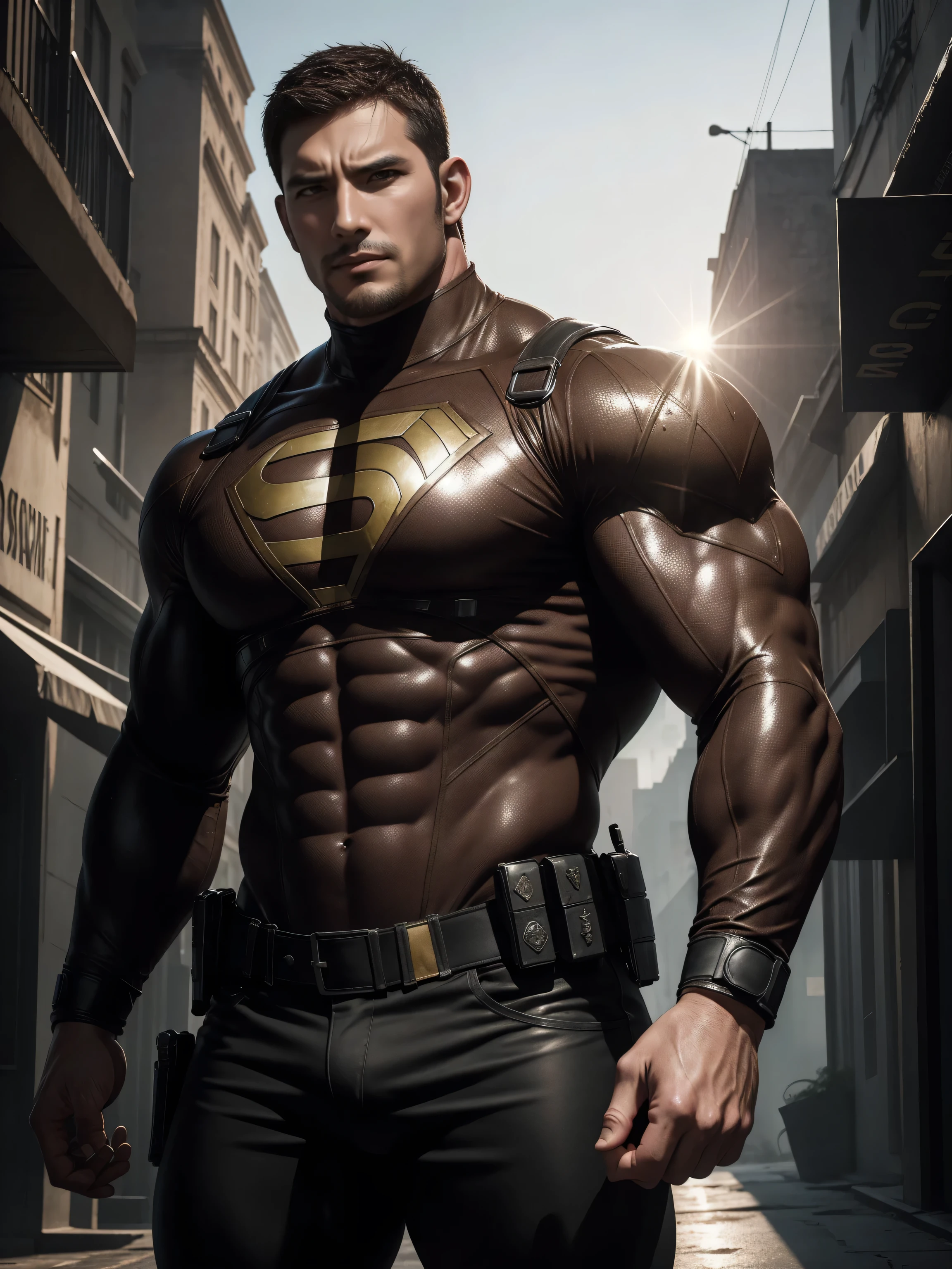 Angry super muscular man, Buzz Cut,On the old-style outdoor street under the hot sun, Wear a long-sleeved dark brown superhero marble tights, Marble texture,The expression is arrogant, Thick thighs, Messy hair, Thick thighs, Turtleneck Long Sleeve Dark Brown Superhero Bodysuit, very tight, Regular symmetrical pattern, Highlight muscles, Police uniform pants, character concept(Resident Evil - Chris Redfield, Chris Redfield)A proud expression, Deep and charming eyes, Heroic male pose, tall Burly, muscular!muscular thighs, tough guy, perfect facial features, High, Burly, Heqiang, Super polished and cool, High Resolution Committee, Charismatic, The sun is blazing, dazzling
