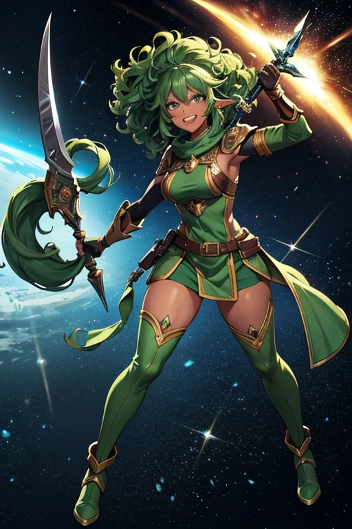 Anime drawings、Full body portrait、Elves in Space Science Fiction、A dark-skinned female barbarian warrior, around 26 years old, around 175cm tall, wearing dark green armor and fighting with a large axe.、Laughing with mouth open、Her hairstyle is medium length and curly.、Dark green hair、boots、gloves