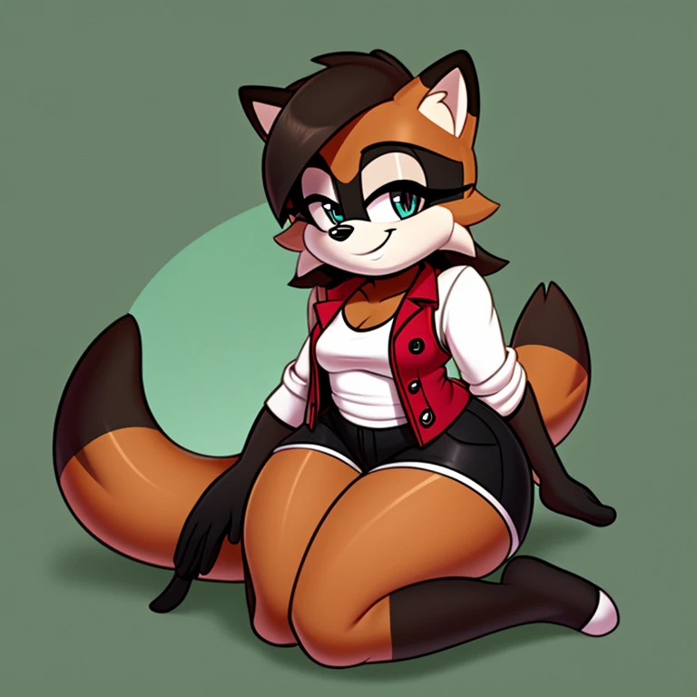 Female, Mobian, raccoon, smile, small breasts, wearing red vest, wearing black shorts, has thick thighs, sitting down and doing a pin up pose,