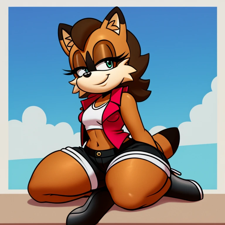Female, Mobian, raccoon, smile, small breasts, wearing red vest, wearing black shorts, has thick thighs, sitting down and doing a pin up pose,