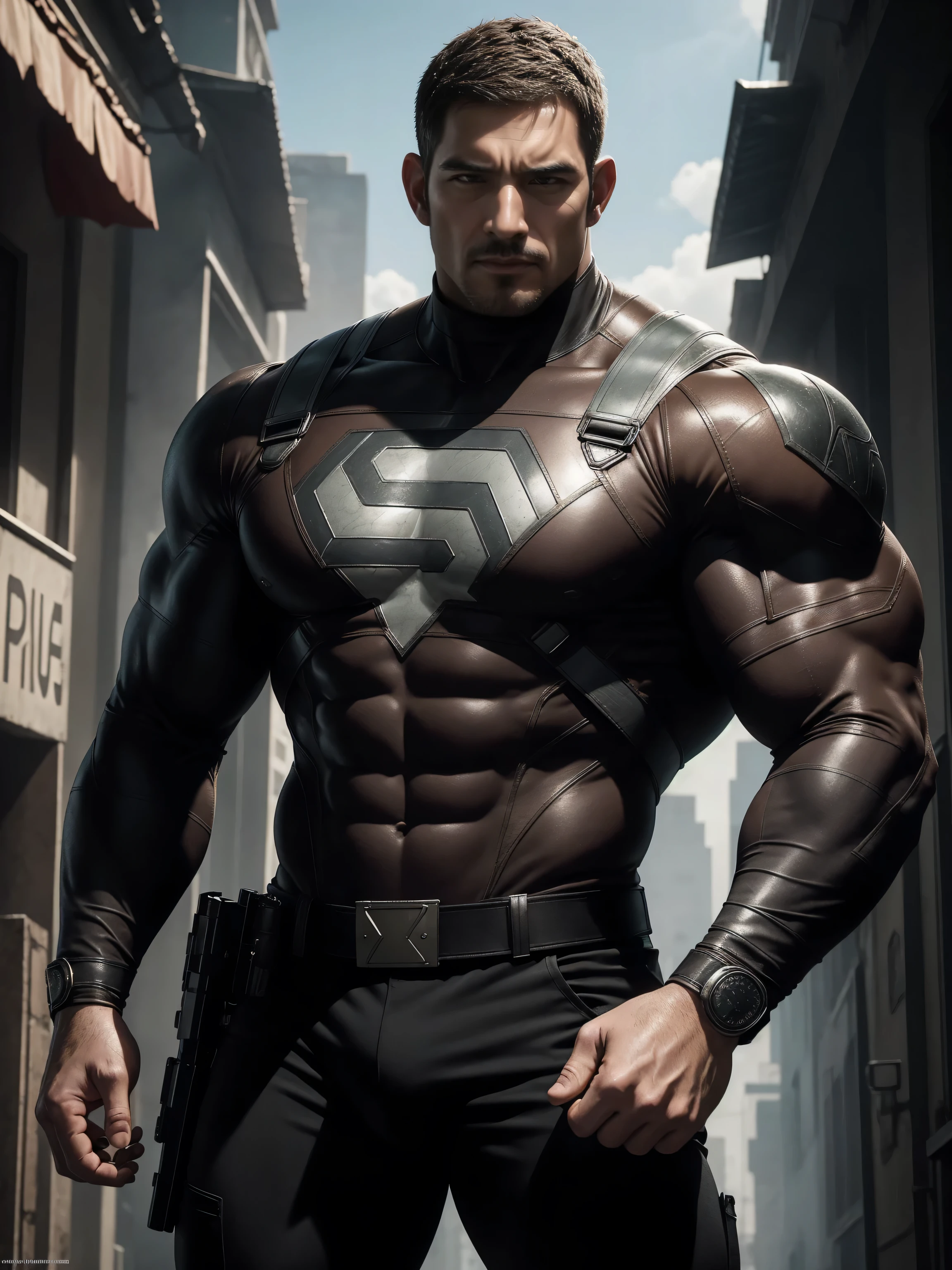 Angry super muscular man,  Buzz Cut，On the old-style outdoor street under the hot sun, Wear a long-sleeved dark brown superhero marble tights, Marble texture，The expression is arrogant, Thick thighs, Messy hair, Thick thighs, Turtleneck Long Sleeve Dark Brown Superhero Bodysuit, very tight, Regular symmetrical pattern, Highlight muscles, Police uniform pants, character concept（Resident Evil - Chris Redfield, Chris Redfield）A proud expression, Deep and charming eyes, Heroic male pose, tall Burly, muscular！muscular thighs, tough guy, perfect facial features, High, Burly, Heqiang, Super polished and cool, High Resolution Committee, Charismatic, The sun is blazing, dazzling