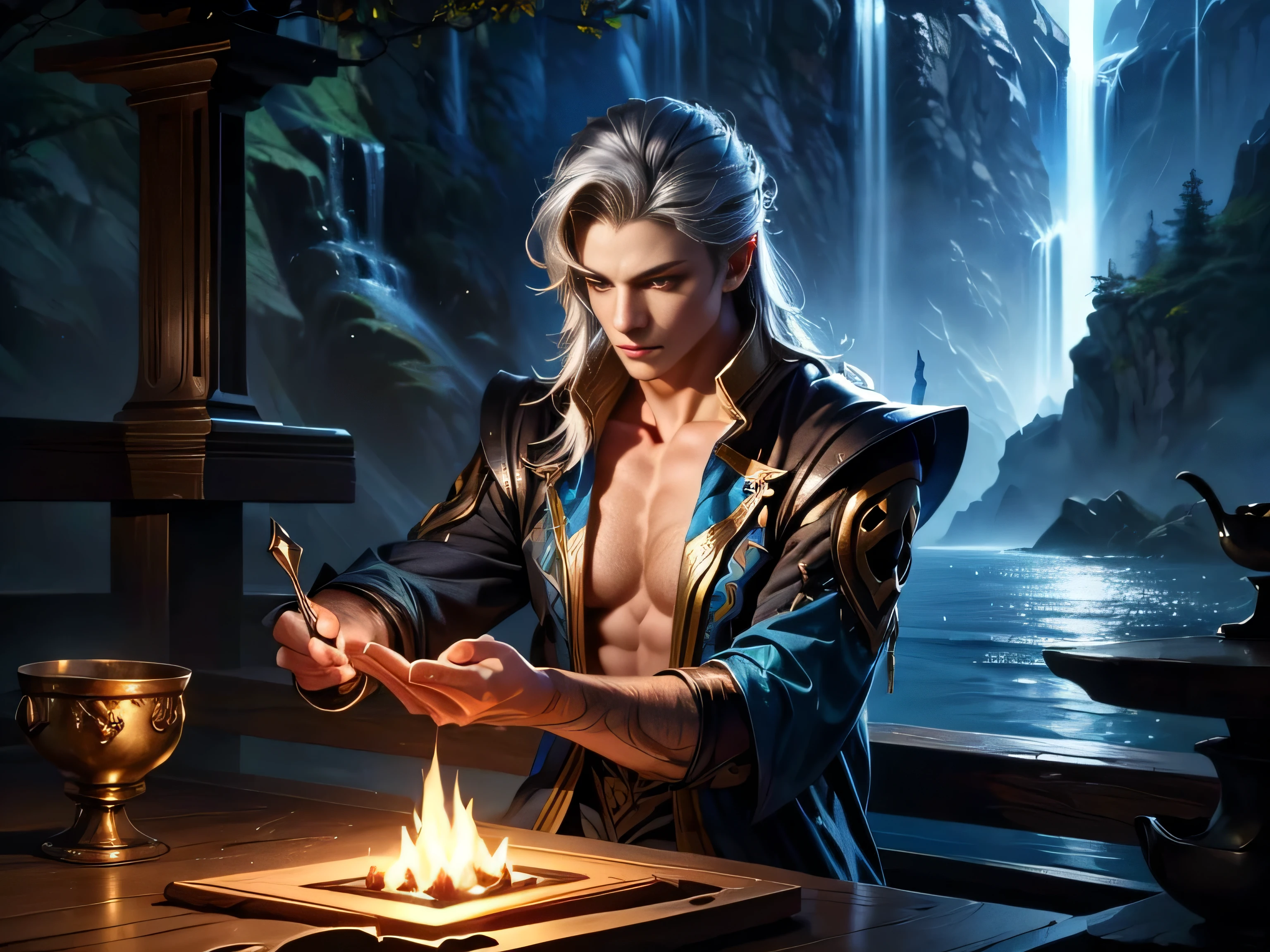 (Best quality, 8K, masterpiece, HDR, soft lighting, perfect image, realistic, Bright), Fox guy sitting on a stone in a forest with a waterfall, landscape with a mountain waterfall in the background, handsome man, he has beautiful blue eyes and a kind smile, black hair, naked torso with developed body, (Fantasy ultra high quality art, latest fantasy), masterpiece, Ultra high quality male and female character designs, anime art with 8k development, realistic anime art, wallpaper illustrations of the highest quality, complex ultra high quality accurate faces of male characters, high quality design and precision physics (ultra high quality fantasy style)), art, dark fantasy)) Style), Masterpieceы, super quality characters, resolution anime - 8k, realistic anime art, highest quality wallpaper illustration, Ultra-high facial detail, high-quality design and physics accuracy), by color, depth of field, to the shadows, ray tracing, high quality and production of computer wallpapers in 8K resolution, Ethereal Fox, meditates, artistic 8k, Calm facial expression, 8k art, meditation pose, zen meditation cyberpunk, fantasy love fox, Dark Fox Mage, (Accurate simulation of the interaction of light and material)], [Carefully detailed hair [Read more about beautiful and shiny hair]], (Perfectly detailed hands [perfect fingers [Beautiful nails]], (Perfectly detailed feet [perfect fingers [Beautiful nails]], (perfect anatomy (perfect proportions)) [[ Look at full growth]], [Ideal color coordination (Accurate simulation of the interaction of light and material)], [art, conveying the meaning of history]