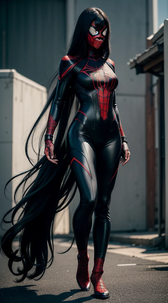 Cindy Moon, Silk, posing on a roof, wears a (black form-fitting spider-man bodysuit) with a sleek, textured (web-like white patterns), the suit covers her entire body, including her arms, legs, and torso, suit includes a (red spider emblem) on the chest, wears a (red mask) that covers her head, leaving only her eyes and mouth exposed, (long, flowing black hair), (full body render), (full body view), fine detail, hyper realistic, HD, 4K, definition, texture, perfect detail, perfect face, beautiful, hyperrealism, trending on artstation
