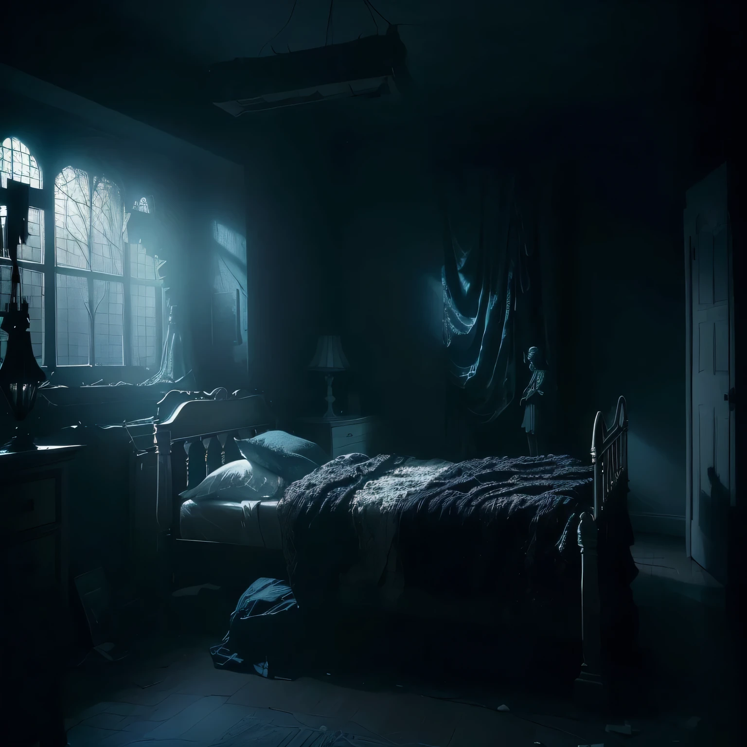 dimly lit bedroom with a bed and a window in the dark, room with eerie feeling, dimly lit bedroom, dark bedroom, eerie room, ghostly teenager bedroom, photorealistic dark concept art, creepy and dramatic atmosphere, hyperrealistic nightmare scene, room of a dark mansion, dimly lit room, inspired by Gregory Crewdson, haunted liminal abandoned room, a small statue of a angel.
