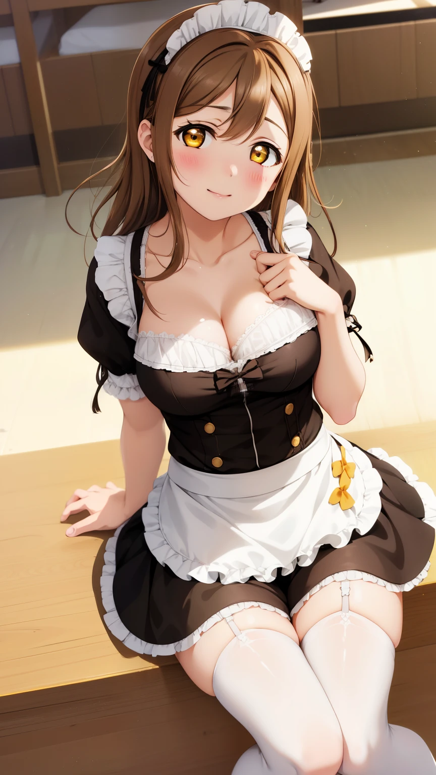 1girl, kunikida hanamaru, brown hair, yellow eyes, blush, messy hair, masterpiece, high quality, detailed body, detailed face, highly detailed, (maid), cleavage, collarbone, thigh highs, city street