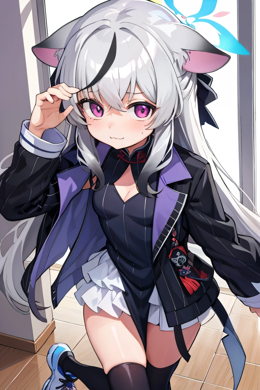 tmasterpiece, best qualtiy, ultra - detailed, 1girll,Gray hair Kokona, inside in room, Purple eye, :3,the face closeup cleavage, Winter suit, winter wonder