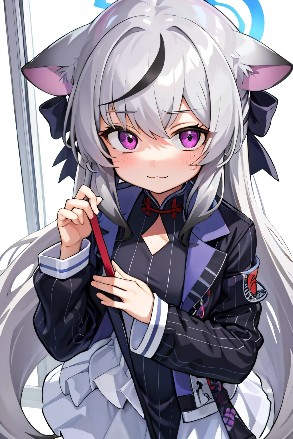 tmasterpiece, best qualtiy, ultra - detailed, 1girll,Gray hair Kokona, inside in room, Purple eye, :3,the face closeup cleavage, Winter suit, winter wonder