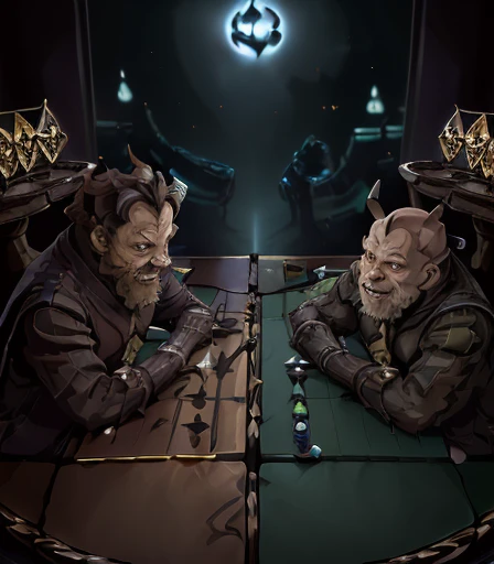 ((( 2 Cabal creatures are dueling on the card table , 2 creatures of darkness are battling on the card table, 2 mystical creatures are comforting each other on the card table )), (((in the view of the spectator watching the duel . )))