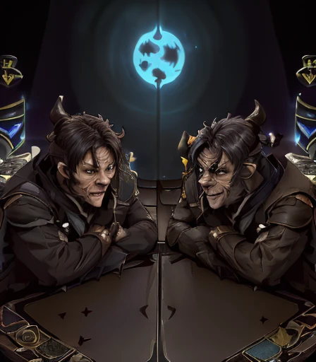 ((( 2 Cabal creatures are dueling on the card table , 2 creatures of darkness are battling on the card table, 2 mystical creatures are comforting each other on the card table )), (((in the view of the spectator watching the duel . )))