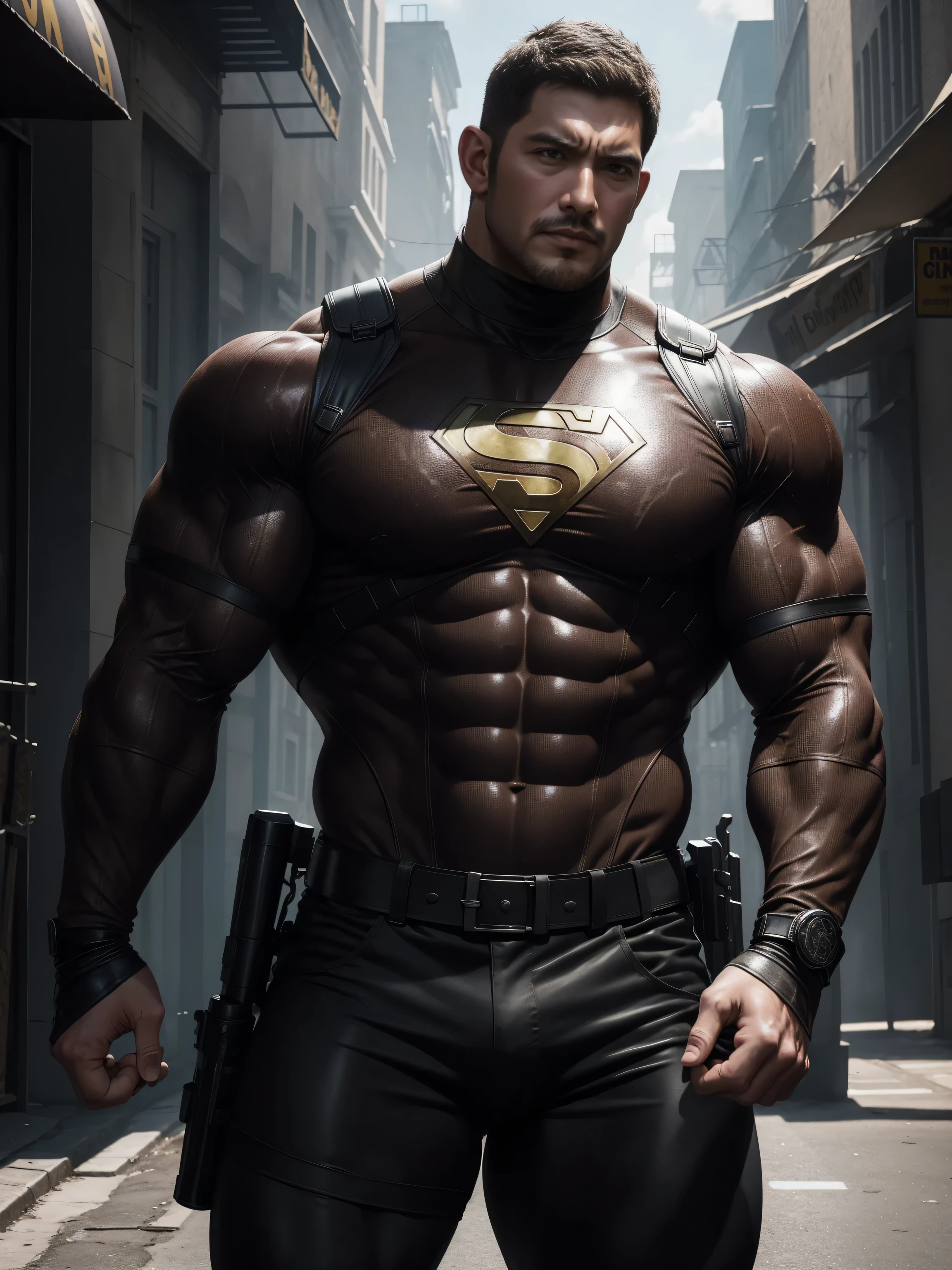 Angry super muscular man, Buzz Cut,On the old-style outdoor street under the hot sun, Wear a long-sleeved dark brown superhero marble tights, Marble texture,The expression is arrogant, Thick thighs, Messy hair, Thick thighs, Turtleneck Long Sleeve Dark Brown Superhero Bodysuit, very tight, Regular symmetrical pattern, Highlight muscles, Police uniform pants, character concept(Resident Evil - Chris Redfield, Chris Redfield)A proud expression, Deep and charming eyes, Heroic male pose, tall Burly, muscular!muscular thighs, tough guy, perfect facial features, High, Burly, Heqiang, Super polished and cool, High Resolution Committee, Charismatic, The sun is blazing, dazzling