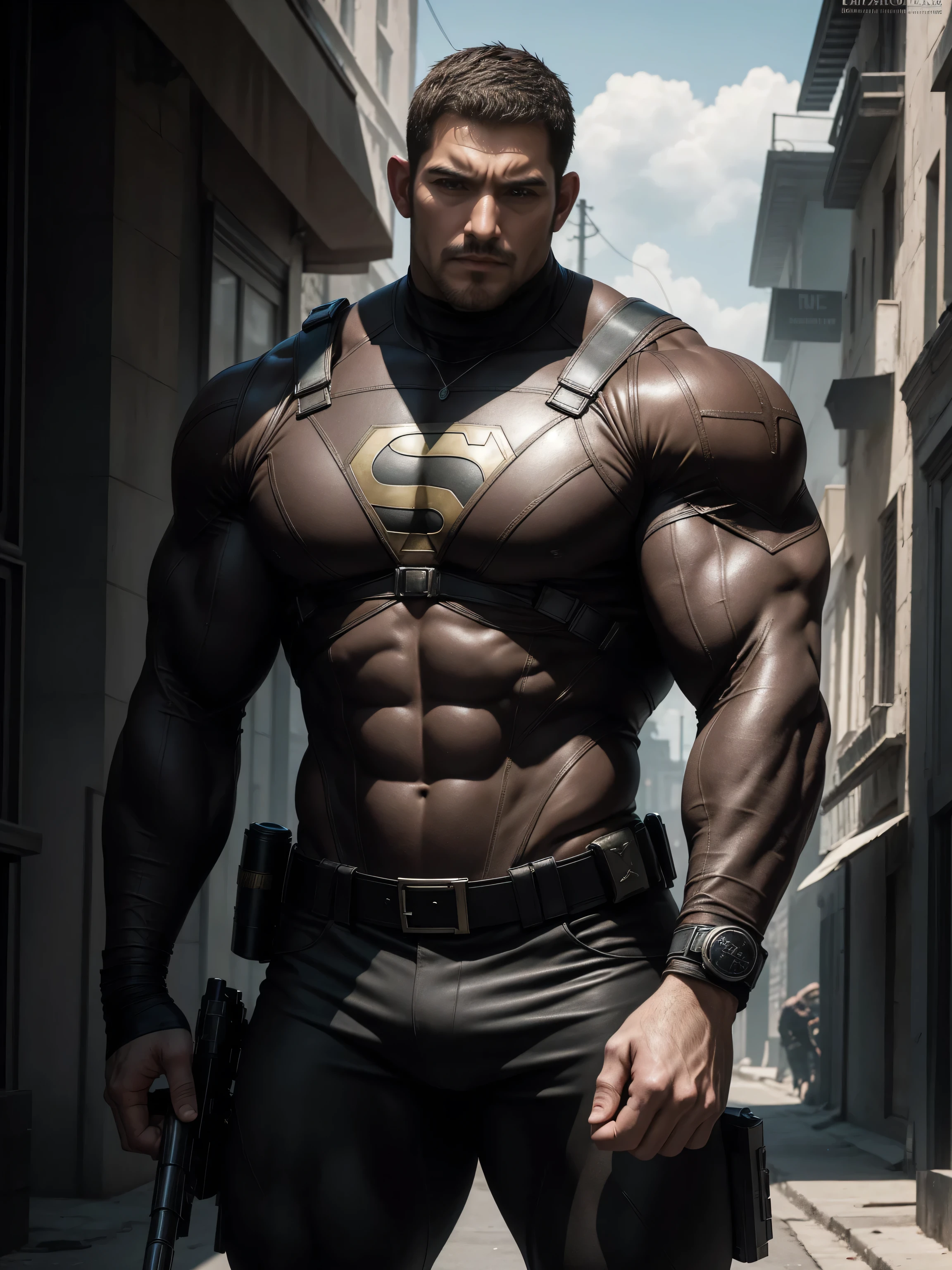 Angry super muscular man, Buzz Cut,On the old-style outdoor street under the hot sun, Wear a long-sleeved dark brown superhero marble tights, Marble texture,The expression is arrogant, Thick thighs, Messy hair, Thick thighs, Turtleneck Long Sleeve Dark Brown Superhero Bodysuit, very tight, Regular symmetrical pattern, Highlight muscles, Police uniform pants, character concept(Resident Evil - Chris Redfield, Chris Redfield)A proud expression, Deep and charming eyes, Heroic male pose, tall Burly, muscular!muscular thighs, tough guy, perfect facial features, High, Burly, Heqiang, Super polished and cool, High Resolution Committee, Charismatic, The sun is blazing, dazzling