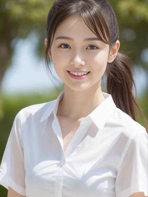 (masterpiece、high-level image quality、sharp focus)、Wearing a white shirt with short sleeves、one shirt button is missing, A Japanese Lady、25 age、(perfect anatomia、Precise and beautiful limbs), simple girl with little smile, wind blows hair, side ponytail, big