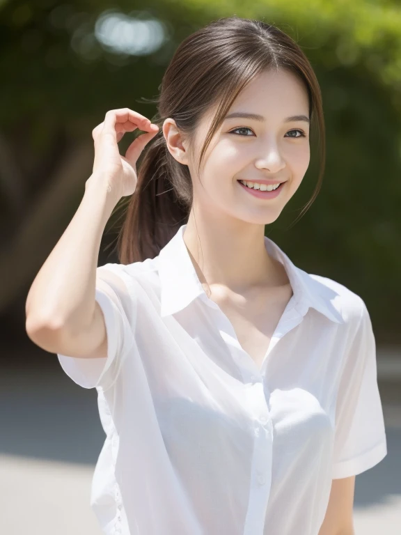 （​masterpiece、high-level image quality、sharp focus）、Wearing a white shirt with short sleeves、one shirt button is missing, A Japanese Lady、25 age、(perfect anatomia、Precise and beautiful limbs), simple girl with little smile, wind blows hair, side ponytail, big 