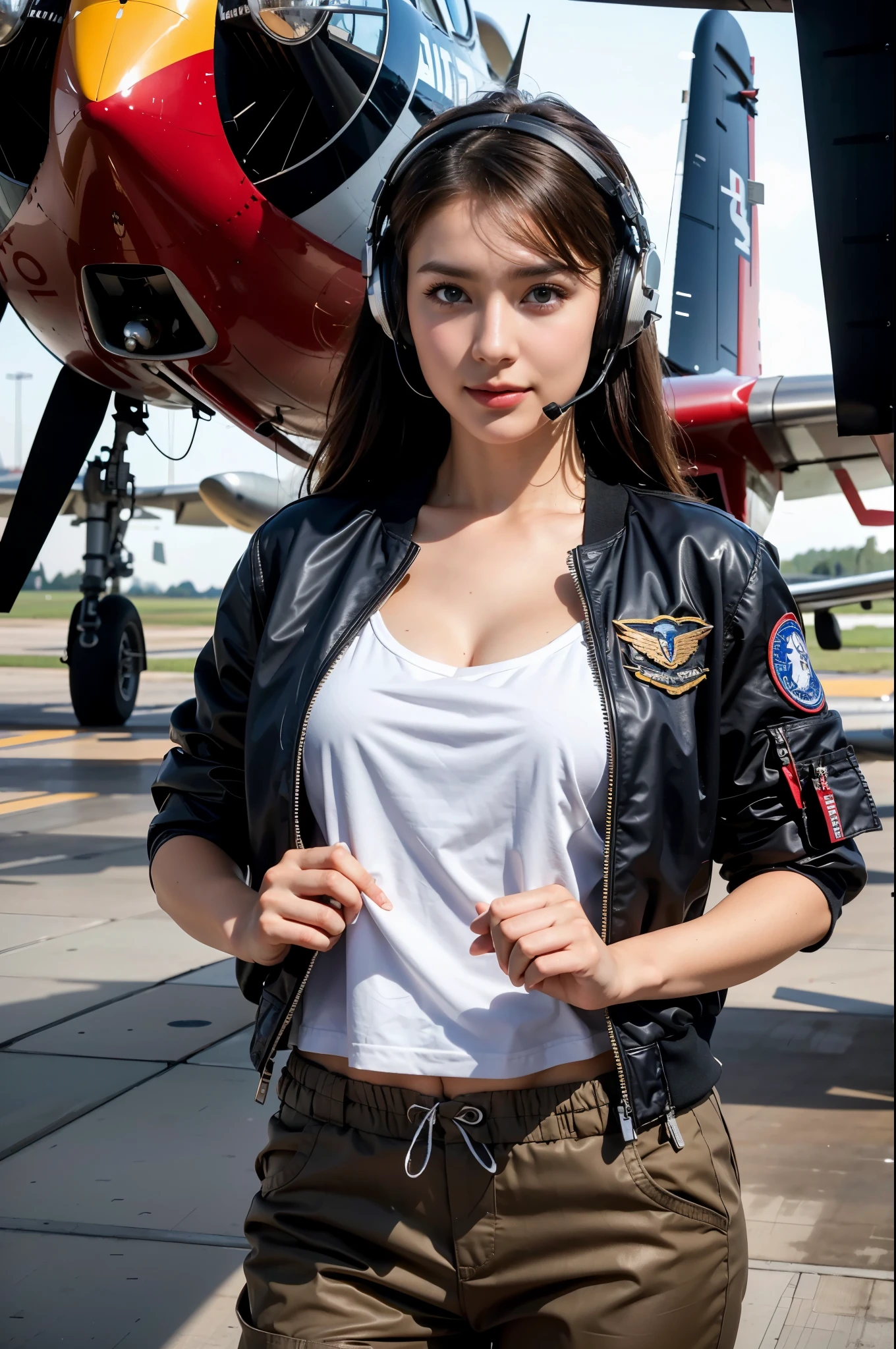 Best quality, ((insanely Realistic RAW photo)), professional photograph, intricate composition, an extremely delicate and beautiful, ultra high res, professional natural lighting and shading, ((Realistic image of a extremely pretty female Aircraft mechanic, solo)), Inside a spacious Aircraft hangar, Vintage airplanes of the World War II era line the background, (Wearing a MA-1 Flight Jacket), (Wearing a headset), (wearing short pants), faint smile, She does aircraft maintenance, very professional mechanic, ((extremely beautifully detailed eyes and face)), ((insanely beautiful natural skin texture)), (Accurate eyes), Accurate hands, Well-balanced overall body