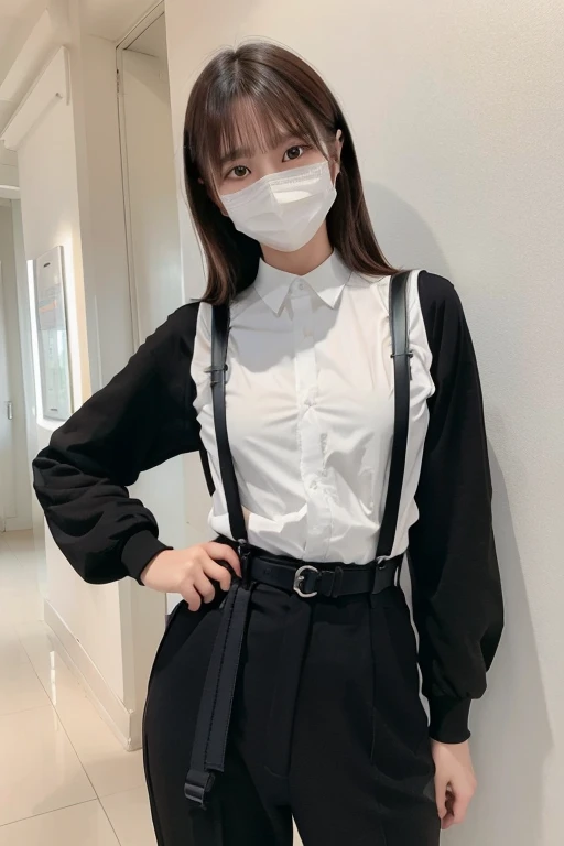 masterpiece、flat-colors、depth of fields、lens flare 1 girl、、Brown hair、watching at viewers a belt black suspenders huge-breasted Armpit sweat perspiring Side of both hands walls: Black pants, Black jacket holster arm Leg holster arma Gaze Small face masks