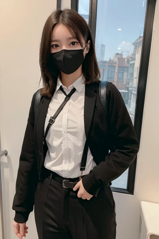 ​masterpiece、flat-colors、depth of fields、lens flare 1 girl、、Brown hair、watching at viewers　　　　a belt　black suspenders　　　huge-breasted　　　 　 Armpit sweat　perspiring　Side of both hands　　walls: 　Black pants, Black jacket holster　arm　Leg holster　　　arma　Gaze　　　Small face　masks