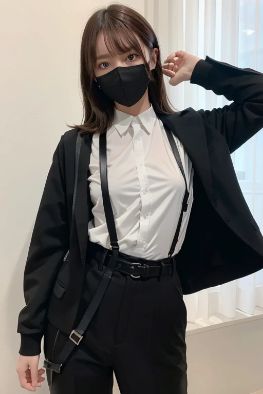 masterpiece、flat-colors、depth of fields、lens flare 1 girl、、Brown hair、watching at viewers a belt black suspenders huge-breasted Armpit sweat perspiring Side of both hands walls: Black pants, Black jacket holster arm Leg holster arma Gaze Small face masks