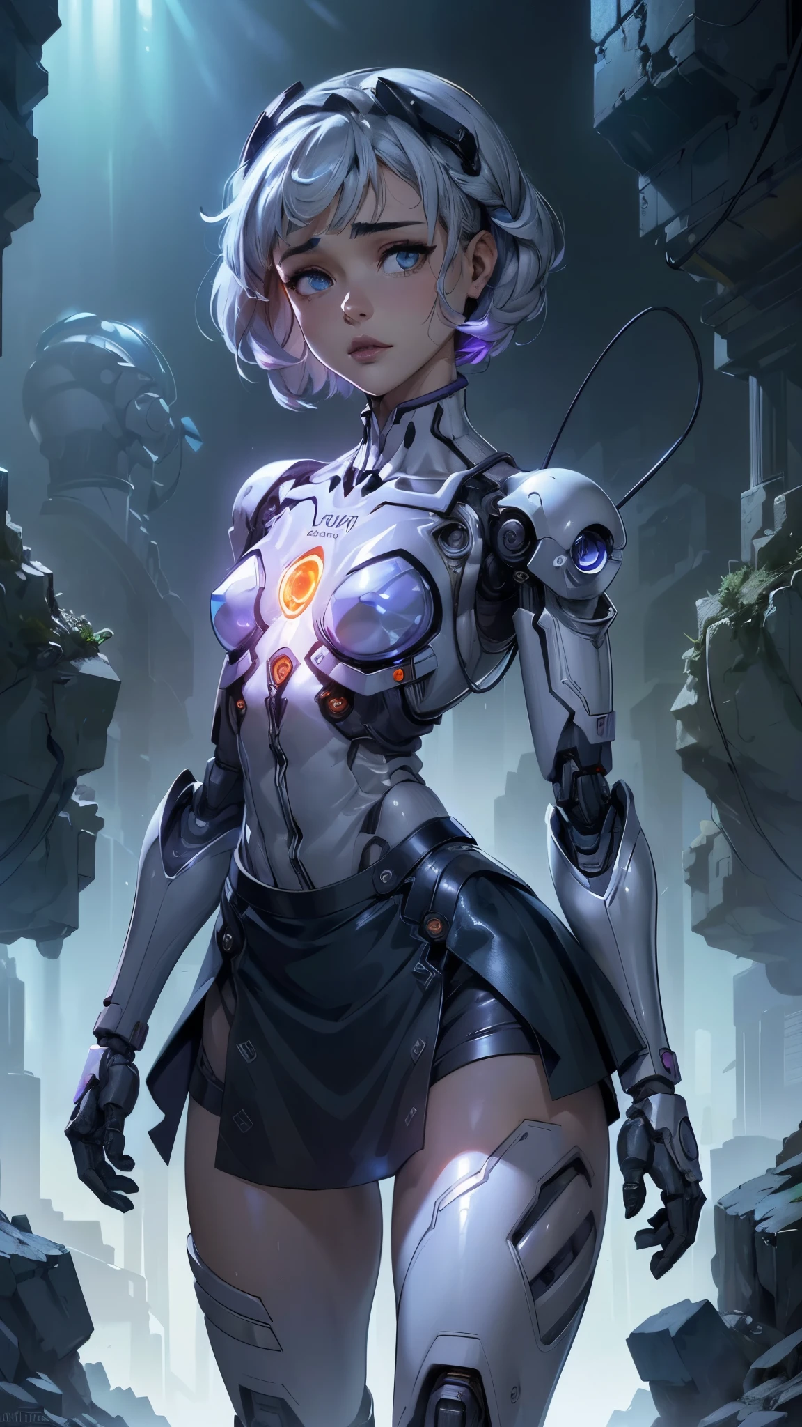 (La mejor calidad,A high resolution,Ultra - detallado,actual),sabrina carpenter cyborg transparent , ( mini skirt cyborg orange :1.4), top corto white transparent ,,(Fondo de ruinas de mazmorra en ruinas cyberpunk :1.4 ), (Mechanical vertebrae attached to the back, mechanical cervical attachment to the neck, alambres y cables que se conectan cuerpo , Evangelion, small bright LED lamps:1.4) , More detailed 8K.motor irreal:1.4,UHD,La mejor calidad:1.4, fotorrealista:1.4, textura de la piel:1.4, obra maestra:1.8,obra-prima, mejor calidad,objeto Objeto], (detailed face features:1.3),(Las proporciones correctas),(Ojos hermosos azules),  (pose vaquero),( sabrina carpenter:1.4), (sabrina carpenter V2.1),( perfect anatomy:1.4), (cyborg mechanical robot transparent plastic white:1.4), ,(Fondo de ruinas de mazmorra en ruinas piedras grandes caverna :1.4 ), (cinematic lighting :1.4), (fondo laboratorio robotic :1.4), (Cyborg inteligencia artificial :1.4),( face detailed :1.4), (no mutaciones), (weared in translucent:1.4),( cyborg translucent :1.2) 
