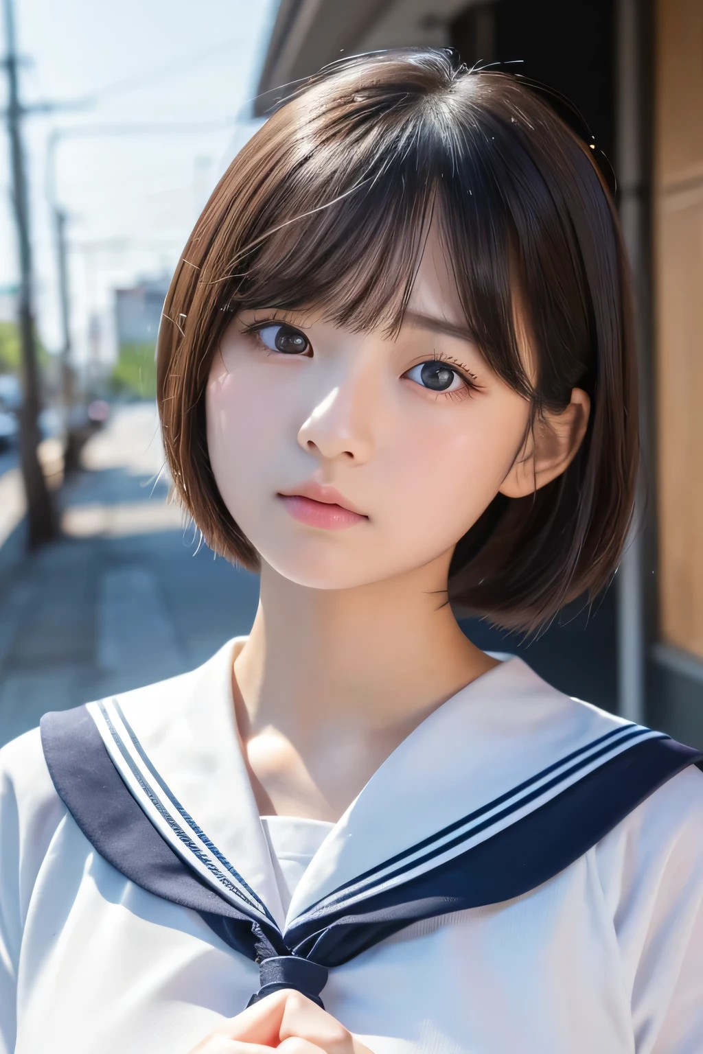(1 Girl)、(Beautiful Japanese、18years old,round face、Refreshing、clear、seems kind、stylish、Pitiful、cute like an angel、cute、black eyes、,actress,Almond-shaped eyes,Translucent white skin、Beautiful skin), Good style , (((Beautiful :1.2))),(((soft breasts))),ute),(Black hair),(short bob hair),(enchanting eyes),(highlight on eyes:1.2)、(8K、Live shooting、highest quality、masterpiece:1.2、optimal lighting)、((masterpiece)),(Photo taken by a professional photographer),(real、photo real:1.4),break,{ (Cute Japanese high school sailor uniform),((Cute Sailor Suit:1.2))},(cheeks are red:1.2), break, break,Face shot:1.3、looking at viewer, face close-up,Looking up、(Cleavage:0.7)、Peerith a worried look on her face,,Looking at viewer,From below,(high school),(tear:1.4),(Troubled face)