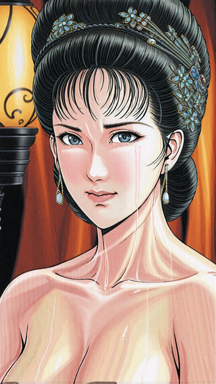(best quality), (very aesthetic), (ultra-detailed), (best illustration),(a mature female),(perfect face),Suikoden,Mrs. Lin,(NSFW),((full_body)),((full_nude)),((Are crying)),Right hand covering mouth,red cheek,sweating,skinny,flushed skin,hairly pussy,There is white semen all over the body,There is white semen on the lips,chinese traditional bed room,