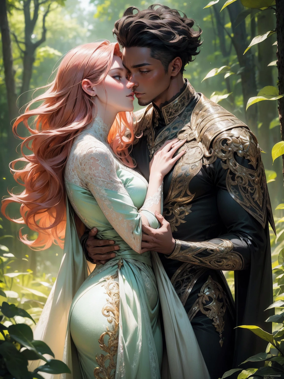 {-erro_de_anatomia:1.0}(best quality,4k,8k,highres,masterpiece:1.2), ultra-detailed, (realistic,photorealistic,photo-realistic:1.37), mature milf, illyasviel von einzbern, redhead hair, upper body, vibrant colors, glowing skin, mesmerizing eyes, brown eyes, elegant pose, enchanting background, delicate lace dress, green dress, surreal lighting, ethereal atmosphere, mystical aura, intricate details, artistic medium, digital illustration, fantasy, anime, walking on nature, kissing a beautiful black man