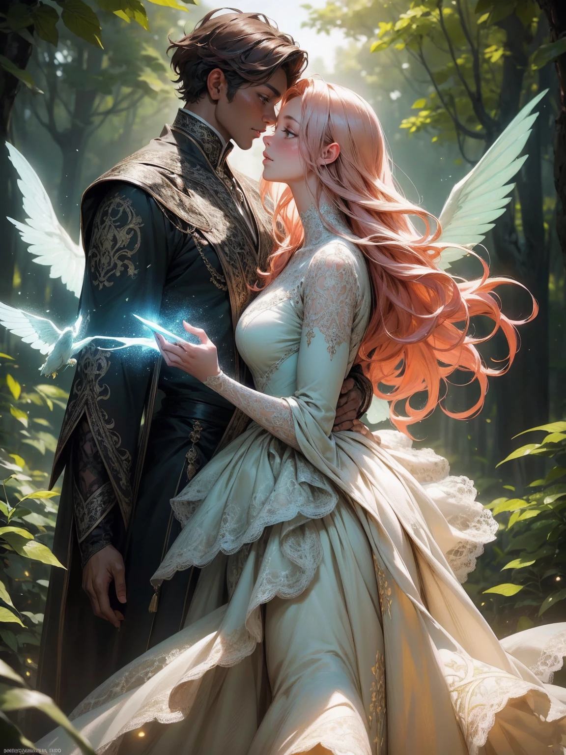 {-erro_de_anatomia:1.0}(best quality,4k,8k,highres,masterpiece:1.2), ultra-detailed, (realistic,photorealistic,photo-realistic:1.37), mature milf, illyasviel von einzbern, redhead hair, upper body, vibrant colors, glowing skin, mesmerizing eyes, brown eyes, elegant pose, enchanting background, delicate lace dress, green dress, surreal lighting, ethereal atmosphere, mystical aura, intricate details, artistic medium, digital illustration, fantasy, anime, walking on nature, kissing a beautiful black man