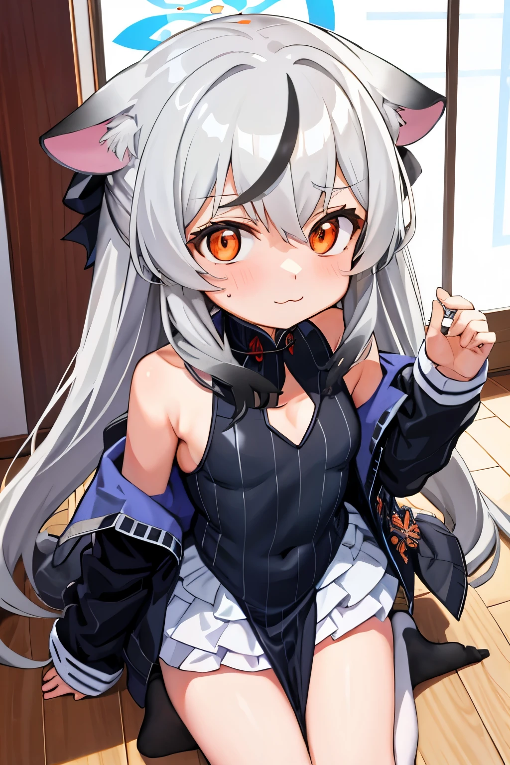 tmasterpiece, best qualtiy, ultra - detailed, 1girll,Gray hair Kokona, inside in room, Orange eye, :3,the face, closeup cleavage, Winter suit, winter wonder
