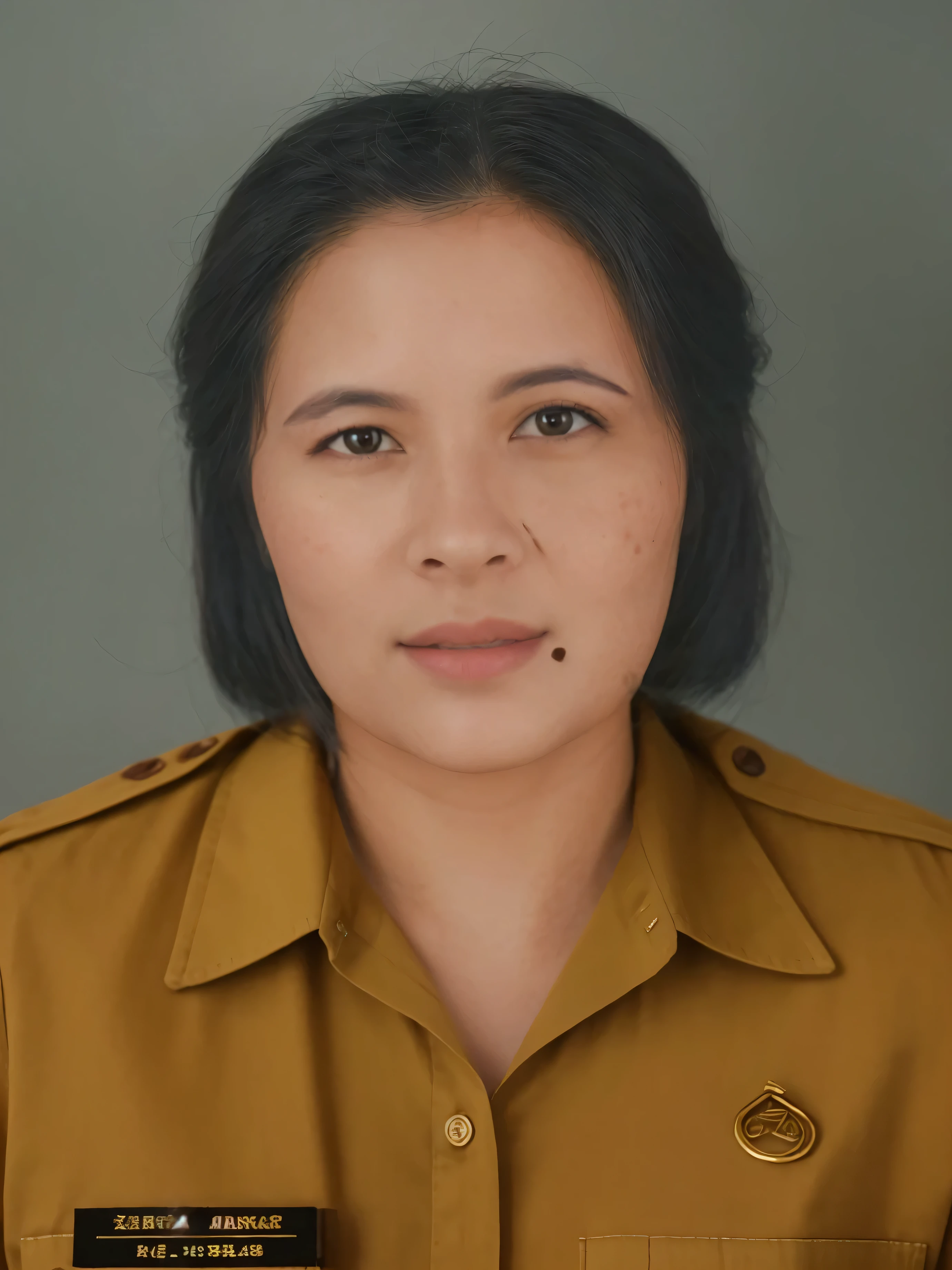 Make this photo look realistic and detailed, arafed woman with a birthmark and wearing a brown khaki shirt posing for a picture in front of a gray background, 50 years old man, color portrait, potrait, close up potrait, portrait of modern darna, detailed color portrait, detailed portrait, protrait, digital art but photo, nivanh chanthara, picture portrait, [ digital art ]!!, full protrait, very detailed potrait, realistic portrait photo, close up potrait, profile portrait, very detailed face, very realistic face, very perfected face, very detailed clothes, very realistic clothes, very perfected clothes