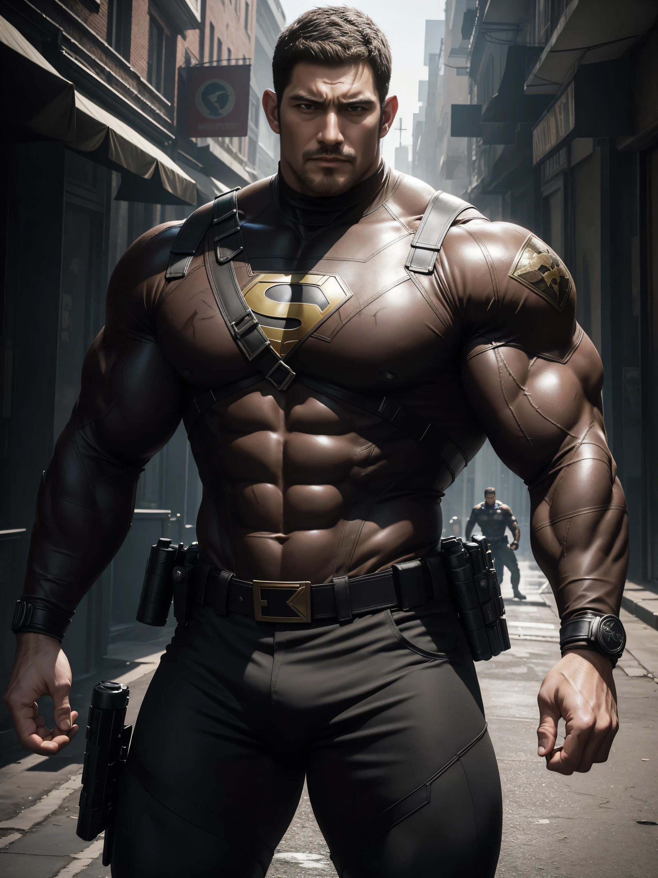 Angry super muscular man, Buzz Cut,On the old-style outdoor street under the hot sun, Wear a long-sleeved dark brown superhero marble tights, Marble texture,The expression is arrogant, Thick thighs, Messy hair, Thick thighs, Turtleneck Long Sleeve Dark Brown Superhero Bodysuit, very tight, Regular symmetrical pattern, Highlight muscles, Police uniform pants, character concept(Resident Evil - Chris Redfield, Chris Redfield)A proud expression, Deep and charming eyes, Heroic male pose, tall Burly, muscular!muscular thighs, tough guy, perfect facial features, High, Burly, Heqiang, Super polished and cool, High Resolution Committee, Charismatic, The sun is blazing, dazzling