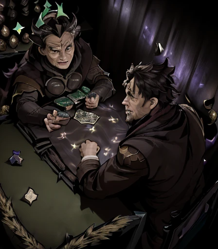 ((( 2 Cabal creatures are dueling on the card table , 2 creatures of darkness are battling on the card table, 2 mystical creatures are comforting each other on the card table )), 