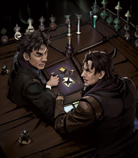 ((( 2 Cabal creatures are dueling on the card table , 2 creatures of darkness are battling on the card table, 2 mystical creatures are comforting each other on the card table )), 