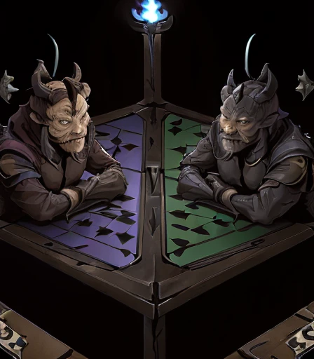 ((( 2 Cabal creatures are dueling on the card table , 2 creatures of darkness are battling on the card table, 2 mystical creatures are comforting each other on the card table )), 