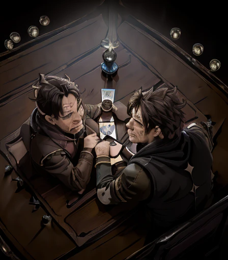 ((( 2 Cabal creatures are dueling on the card table , 2 creatures of darkness are battling on the card table, 2 mystical creatures are comforting each other on the card table )), 