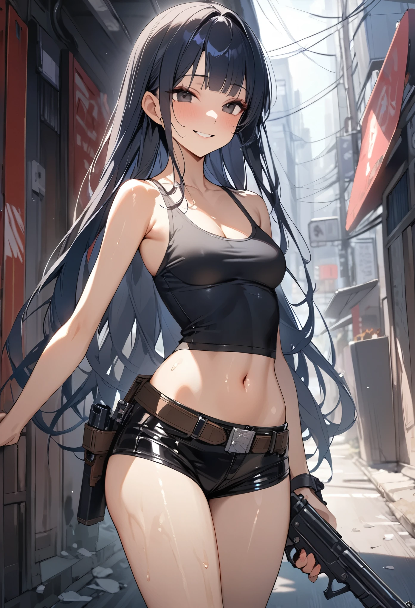 ((masterpiece, highest quality:1.3)),cowboy shot,20 year old beauty,solo,((very small head)),dark blue hair,long hair,black eyes,blunt bangs,medium breasts,((long body,slender body)),skinny,shiny skin,oily skin,smile,,Black tight tank top、Navel exposed、Black leather micro mini shorts、gunbelt,Equipped with a handgun、standing,on street、Ruined Tokyo、End of the World、