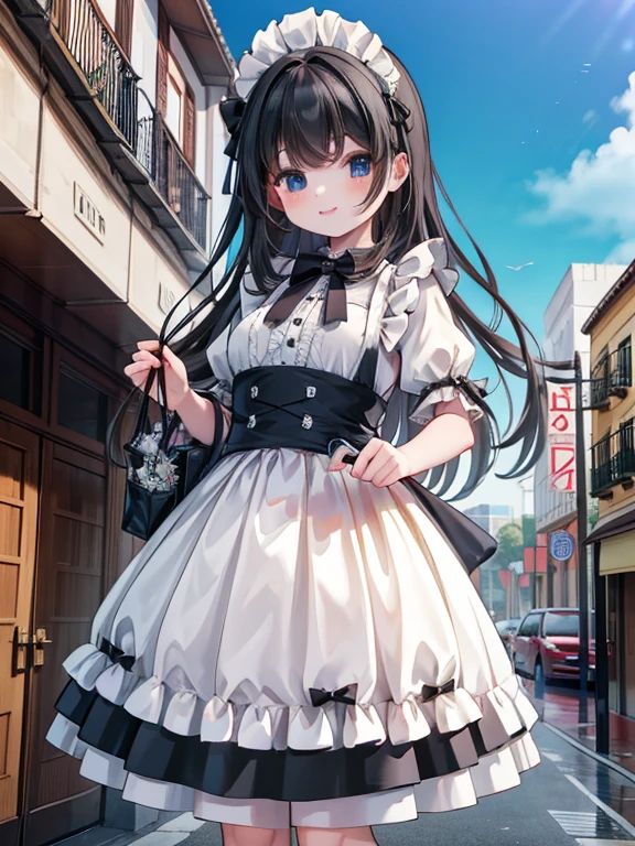 masterpiece, highest quality, Very detailed, 16k, Ultra-high resolution, Cowboy Shot, Detailed face, Perfect Fingers, 14-year-old girl, smile, black eye, Black Hair, Long Hair, Black maid outfit, In town, GTS