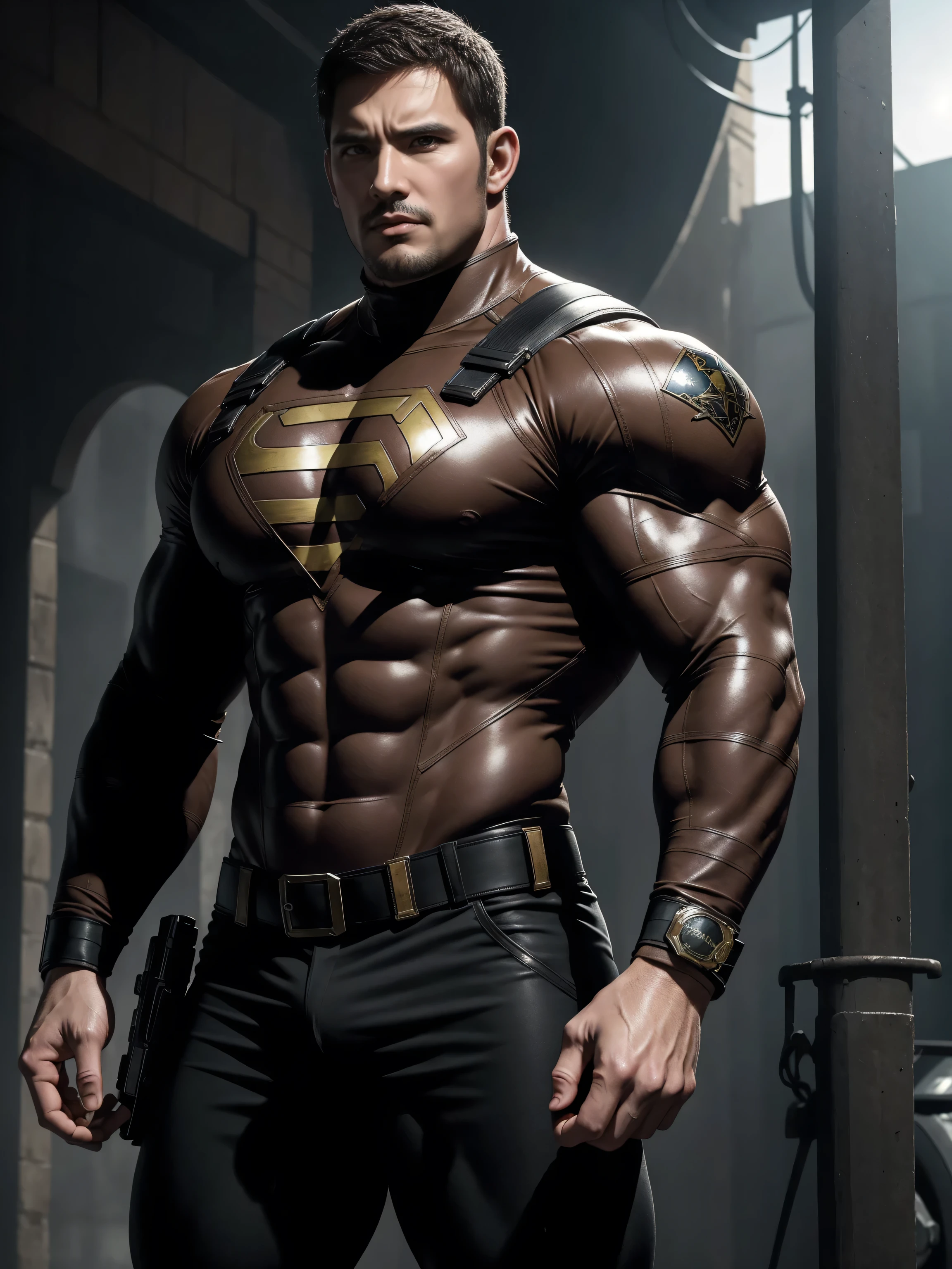 Angry super muscular man, Buzz Cut,On the old-style outdoor street under the hot sun, Wear a long-sleeved dark brown superhero marble tights, Marble texture,The expression is arrogant, Thick thighs, Messy hair, Thick thighs, Turtleneck Long Sleeve Dark Brown Superhero Bodysuit, very tight, Regular symmetrical pattern, Highlight muscles, Police uniform pants, character concept(Resident Evil - Chris Redfield, Chris Redfield)A proud expression, Deep and charming eyes, Heroic male pose, tall Burly, muscular!muscular thighs, tough guy, perfect facial features, High, Burly, Heqiang, Super polished and cool, High Resolution Committee, Charismatic, The sun is blazing, dazzling