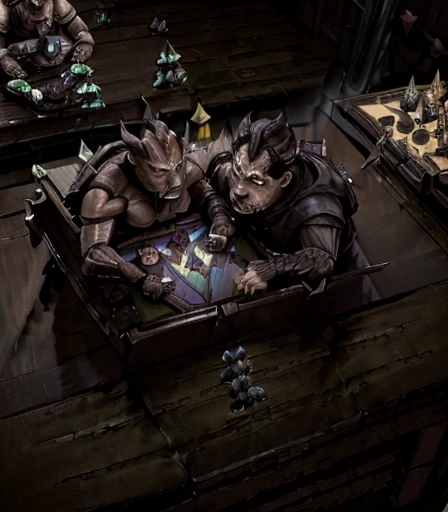 ((( 2 Cabal creatures are dueling on the card table , 2 creatures of darkness are battling on the card table, 2 mystical creatures are comforting each other on the card table )), 