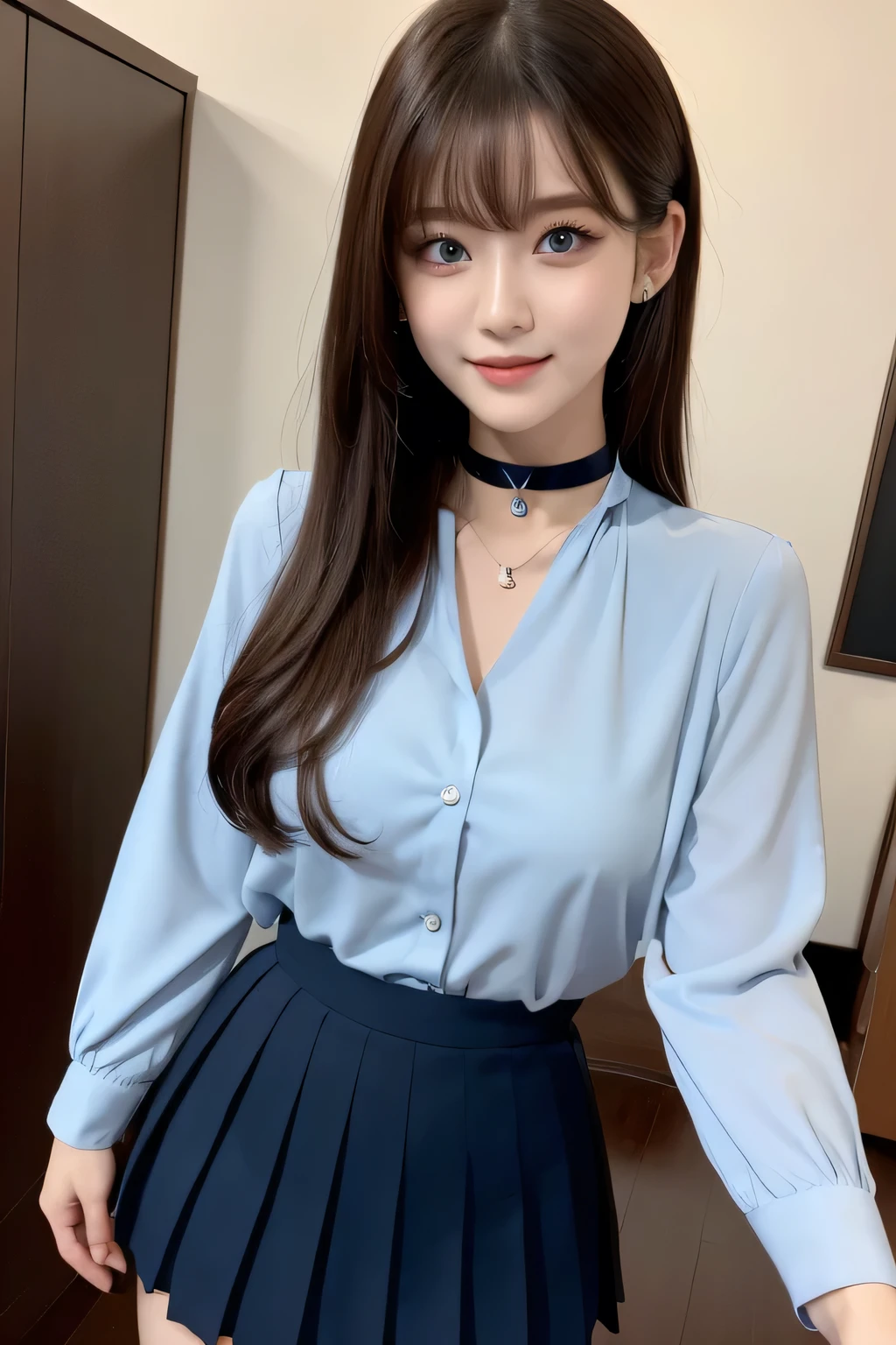 (highest quality, masterpiece:1.3, 超A high resolution), (Very detailed), (Realistic:1.4, RAW shooting), Ultra-Realistic Capture,Very detailed, High resolution, 16k, Human skin close-up, The skin texture is natural, It must be detailed enough to be easily identifiable, Skin should look healthy and have an even tone, Use natural light and color, (blue blouse, Dark blue pleated mini skirt), ((Mountain, blue sky, Slim body)), 1 girl, Japanese, 18-year-old, cute, Straight long hair, Big Breasts, smile, Turn your body forward, (View from the front:1.1), Looking into the camera, (Cowboy Shot),focused on the chest, Light brown hair, ((Black choker)), Very long and voluminous eyelashes, blue eyes, bangs