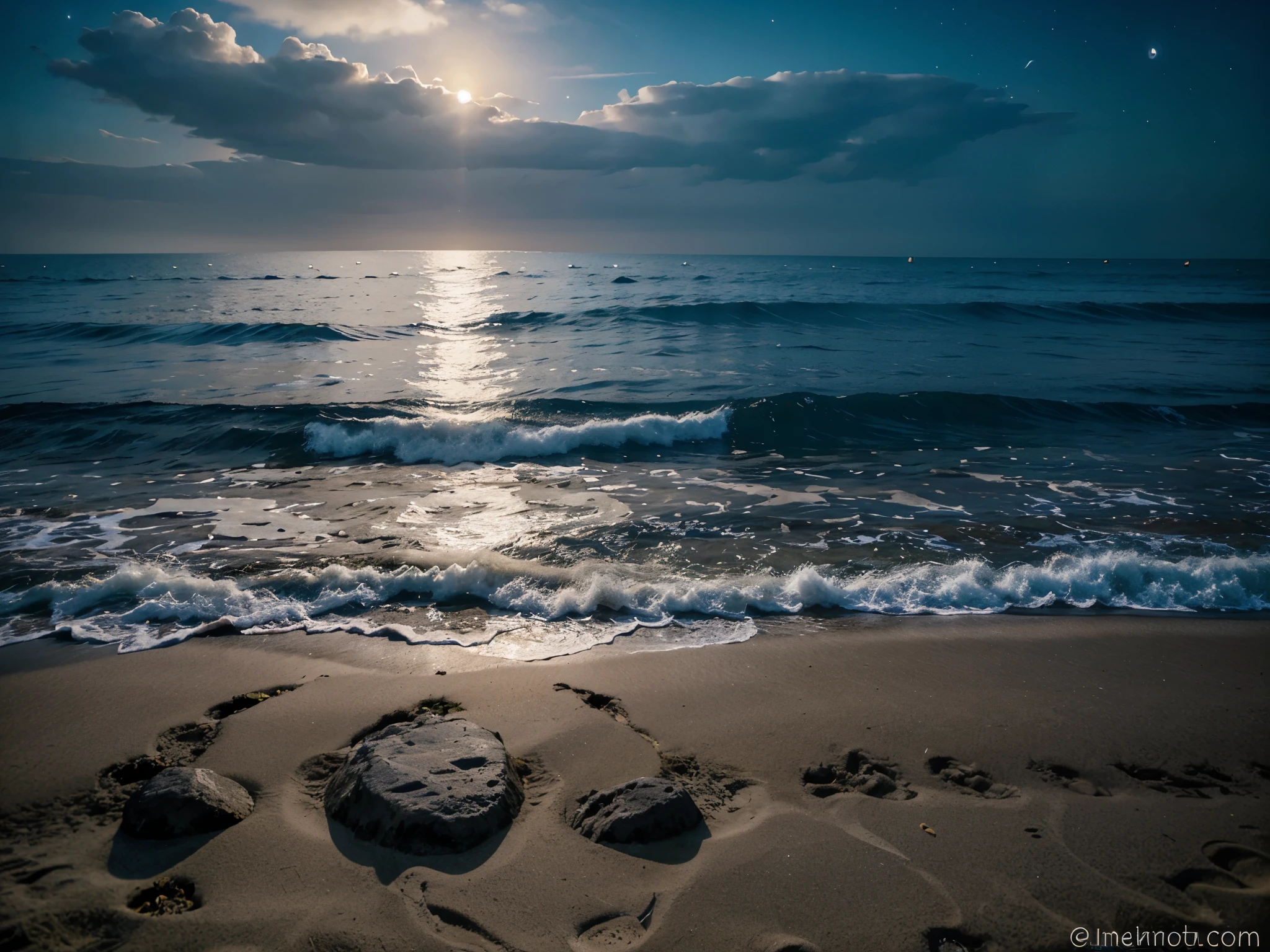 Imagen de una playa de noche con una bonita luna llena reflejada en el mar