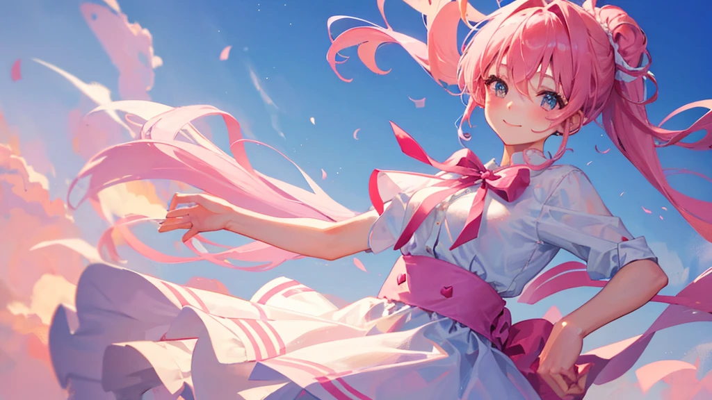 girl with pink hair, hair tied, love eyes, smile girl,  ribbon her head, school royal dress, cute sky, white stockings, 8k resolution, detail