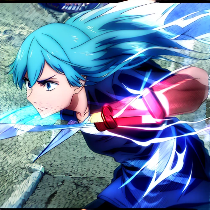 a serious cyan blue hair girl holding a katana,