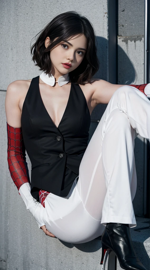 spider gwen, Hot, partial , hightquality, Dynamic Poses, Beautiful, Gorgeous, In love,Short suit, spider in a suit, white black red suit、Jenna Louise Coleman