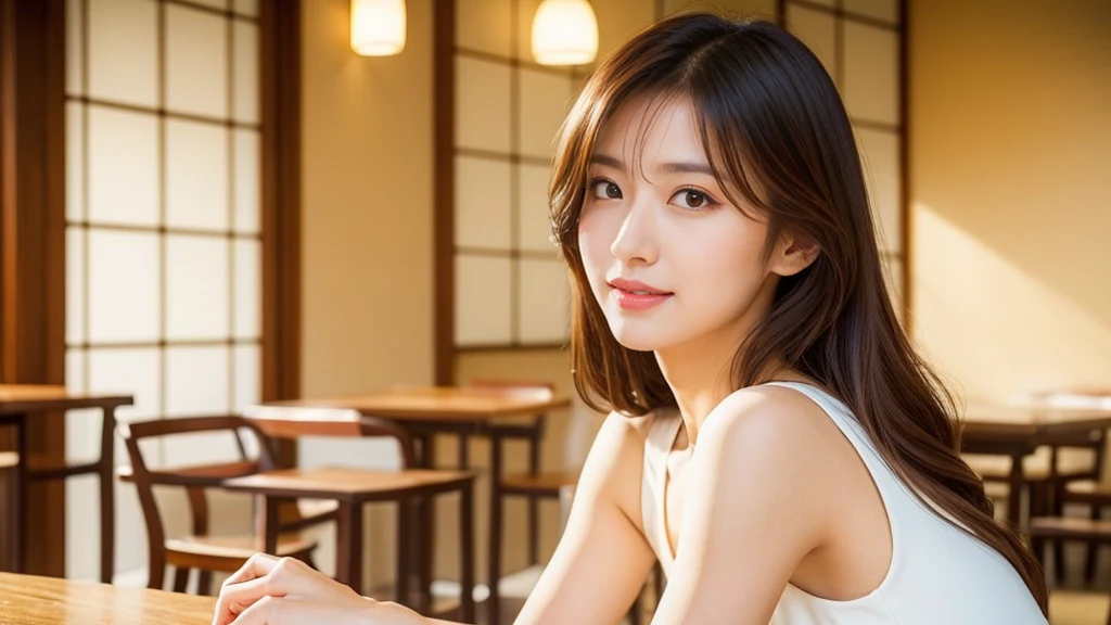 highest quality, masterpiece, Super Resolution, Portrait of a woman with long hair and white dress, (Photorealistic:1.4), One Girl, No background, Beautiful young Japanese woman, Young lovely Japan face, Gorgeous Young Japanese Woman, beautiful asian face, Young Asian Woman, (Waist shot body), (Interior background of the café),