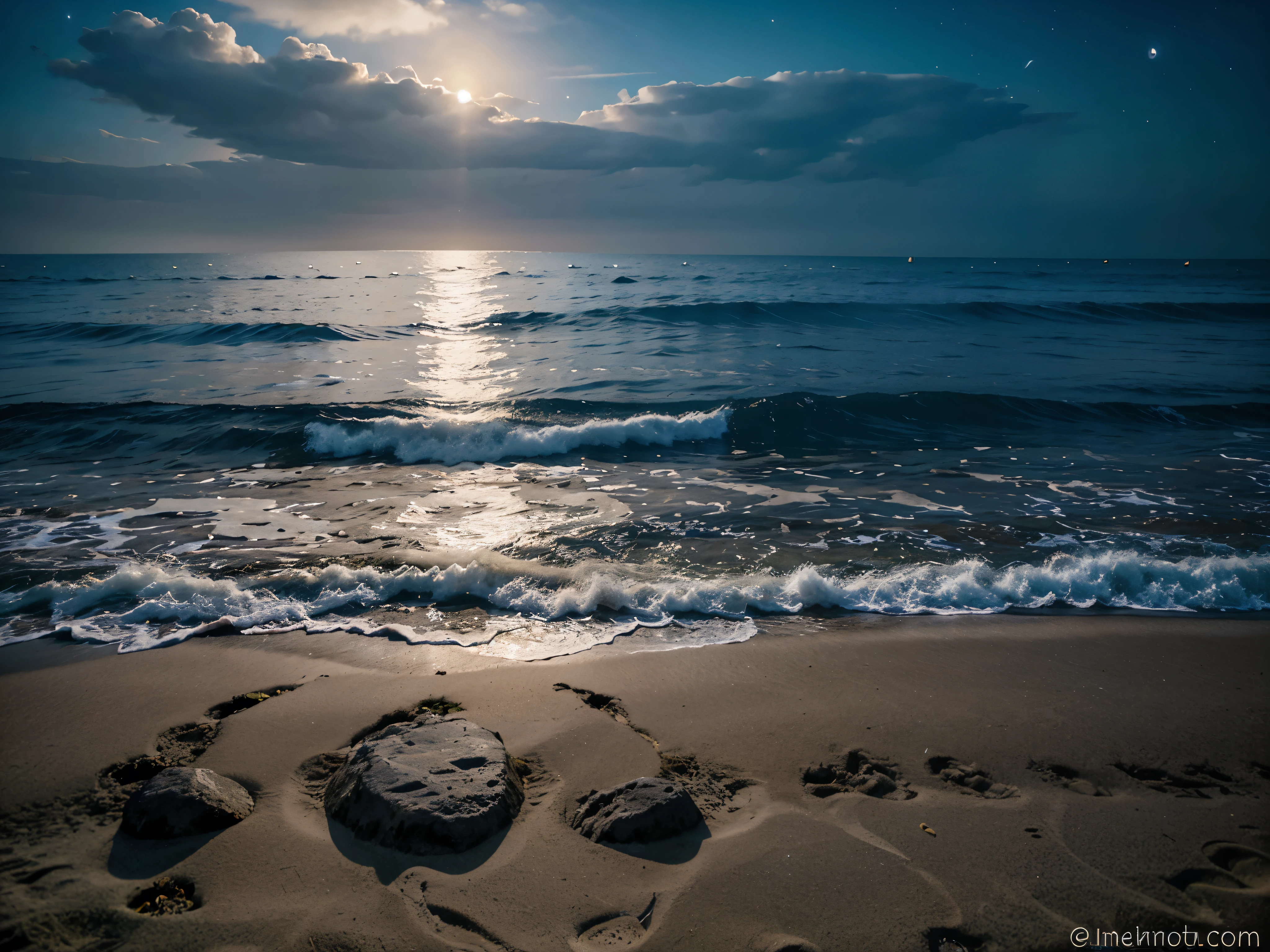 Imagen de una playa de noche con una bonita luna llena reflejada en el mar